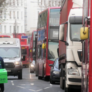 Buses and lorries in London traffic jam