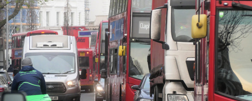 Buses and lorries in London traffic jam