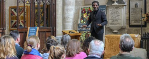 Lemn Sissay speaking at Salisbury Cathedral event for looked after children using VOX